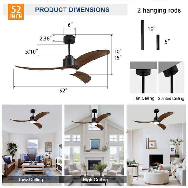 52" Ceiling Fan with Dimmable LED Light, Remote, Quiet DC Motor, 6-Speed, 3-Rod Adjustable, Reversible, Black + Wood
