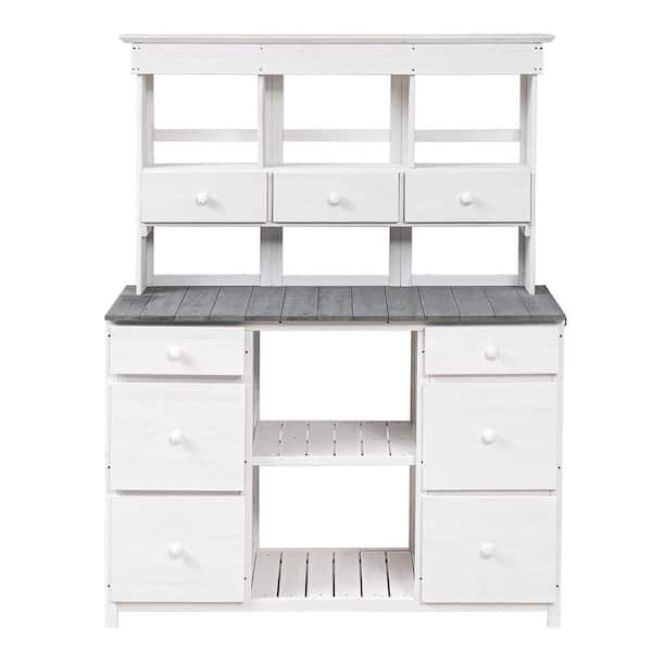 Unbranded 50.1 in. W x 65.7 in. H Shed Garden Potting Bench Table with Multiple Drawers and Shelves for Storage in White
