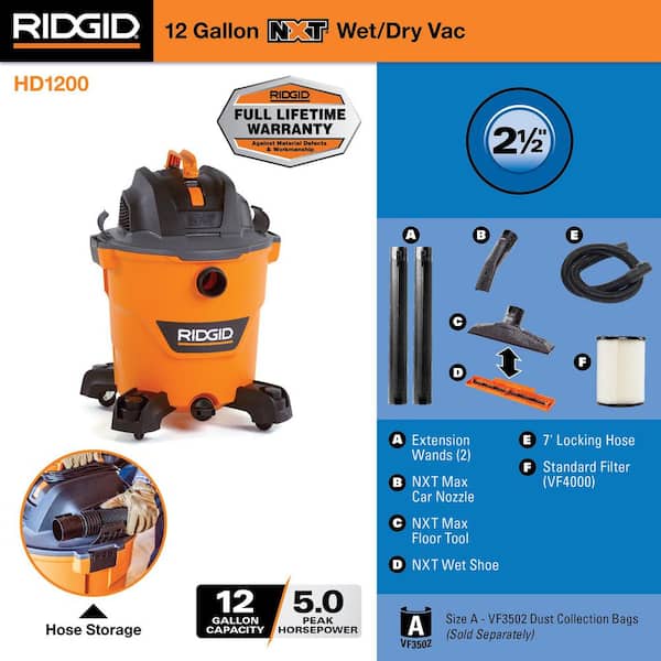 12 Gallon 5.0 Peak HP NXT Wet/Dry Shop Vacuum with Filter, Locking Hose and Accessories