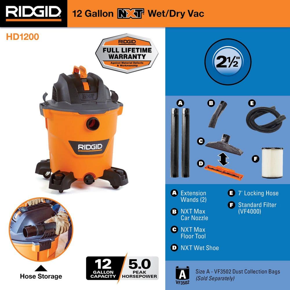 RIDGID 12 Gal 5.0-Peak HP NXT Shop Vacuum Wet Dry Vac with General Debris Filter Locking Hose and - Image 2
