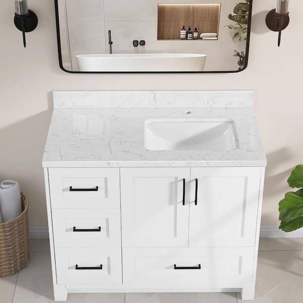 Kar 42.5 in. W x 22 in. D Carrara White Engineered Marble Vanity Top with Right Single Rectangular Sink and Backsplash