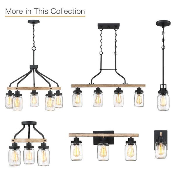 True Fine Eliton 26 In 5 Light Black Wood Tone Rustic Farmhouse Chandelier With Clear Mason Jar Glass Shades Td10001c Mason Jar Glass Shades, Rustic Farmhouse Chandelier Home Depot