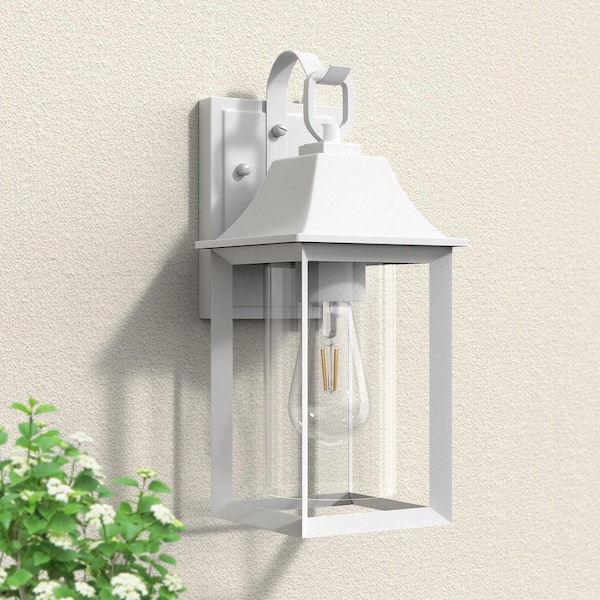 Decorators 14 in. E26 White Farmhouse Cylinder Dusk to Dawn Outdoor Hardwired Cylinder Glass Sconce