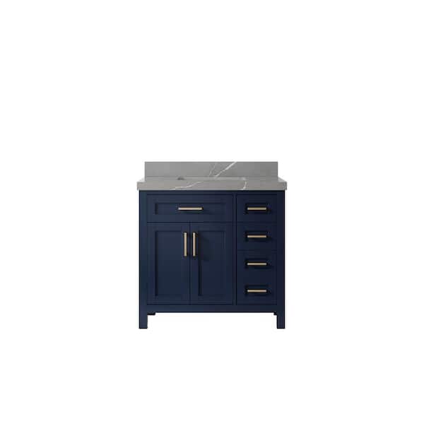Willow Collections Cambridge 36 in. W x 22 in. D x 36 in. H Center Sink Bath Vanity in Navy Blue with 2 in. Piatra Gray Quartz Top