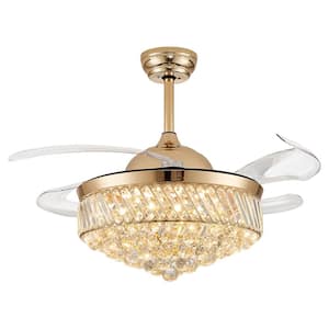 42 in. Indoor Gold Modern Crystal Ceiling Fan with Light Retractable Blades Chandelier Remote Control