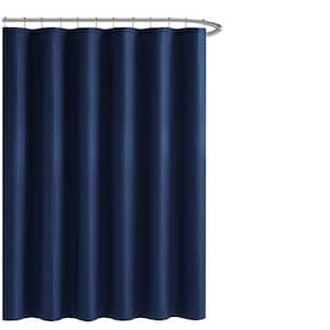70 in. x 72 in. Solid Navy Textured Microfiber Shower Curtain Set with Beaded Rings