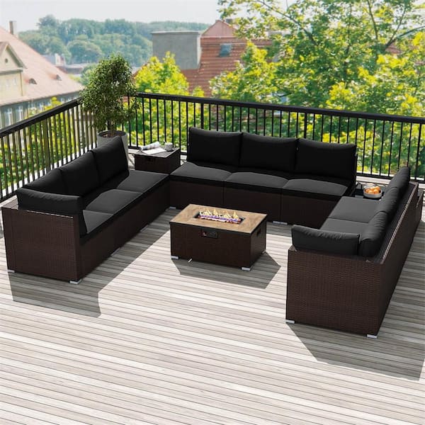 12-Piece Wicker Patio Conversation Sectional Seating Set with 32 in.  Propane Fire Pit Table Tank Holder Black Cushions