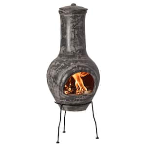Outdoor Stoney Grey Clay Chimenea Scribbled Design Fire Pit with Metal Stand