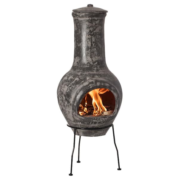 Vintiquewise Outdoor Stoney Grey Clay Chimenea Scribbled Design Fire Pit with Metal Stand