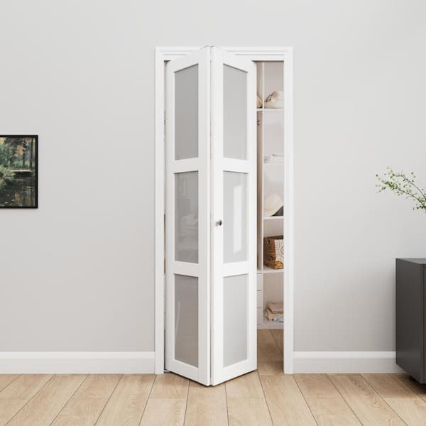 30 in. x 96 in. 3-Lite Frosted Glass Solid Core White MDF Finished Glass Closet Bi-fold Door with Hardware