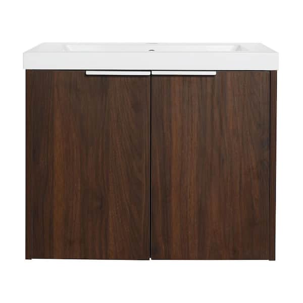 Aoibox 24 in. W x 18 in. D x 19.3 in. H Walnut Bathroom Vanity with Resin Top with White Sink, Float Mounting Design
