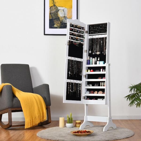 White 4-Angle Tilting Mirrored Lockable Jewelry Cabinet with Large Storage Capacity