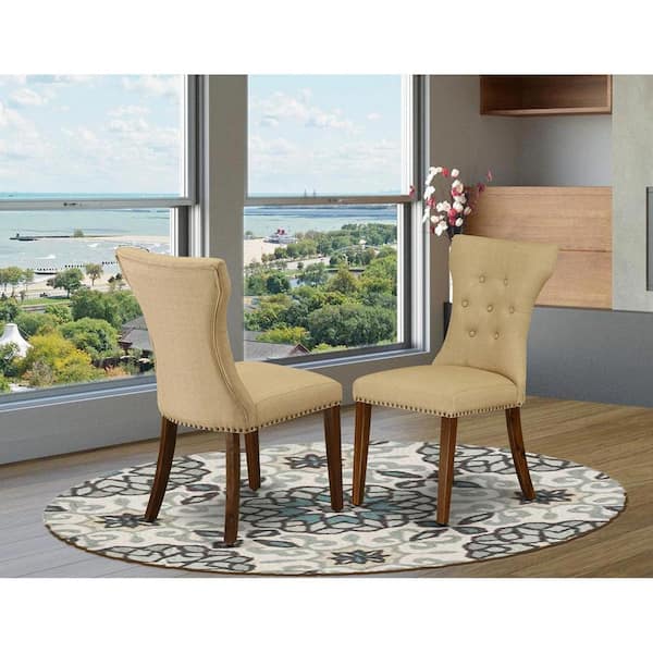 East West Furniture Walnut, Parson Dining Chairs - Button Tufted Nailhead Trim Brown Linen Fabric Upholstered Chairs, Set Of 2