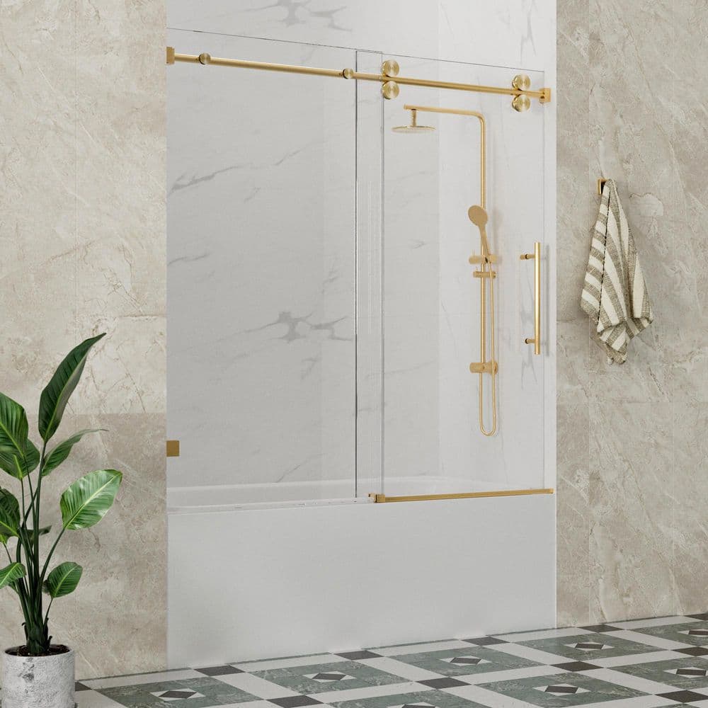 Vesta 56 to 60 in. W x 66 in. H Single Sliding Frameless Tub Door in Brushed Gold with 3/8 in. Clear Glass price history on PriceWatchPro