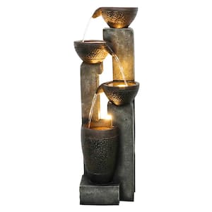 40 in. Resin Fiber Modern Outdoor Fountain, 4-Tier Garden Water Feature w/Soothing Sounds & LED Lights for House Office
