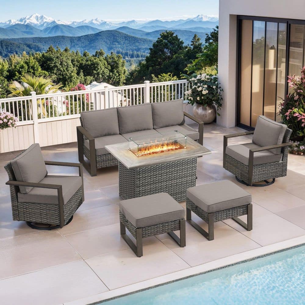 Funky 6-Piece Gray Wicker Outdoor Fire Pit Patio Conversation Sofa Seating Sets with Swivel Chairs with Gray Cushions price history on PriceWatchPro