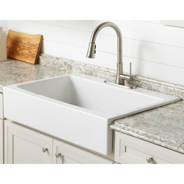 Josephine Quick-Fit Drop-in Farmhouse Fireclay 33.85 in. 3-Hole Single Bowl Kitchen Sink in Crisp White Josephine Quick-Fit Drop-in Farmhouse Fireclay 33.85 in. 3-Hole Single Bowl Kitchen Sink in Crisp White