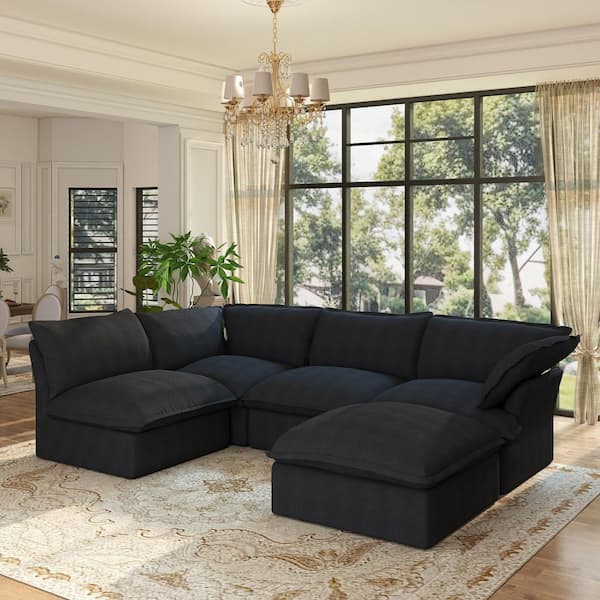 Down Filled 163 in Flared Arm 5-Piece Linen L-shaped Modular Cloud Sectional Sofa with Washable Cover Ottoman in Black