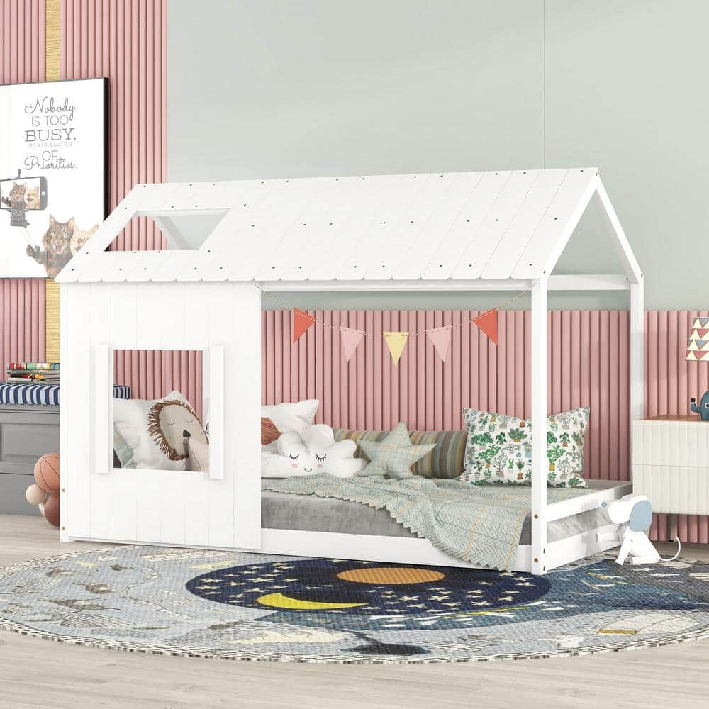 Harper & Bright Designs White Twin Size Wooden House Bed with Roof and ...