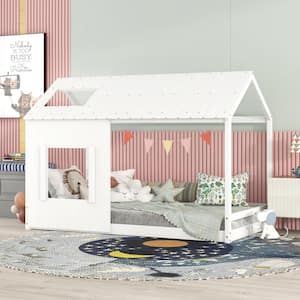 White Twin Size Wooden House Bed with Roof and Windows