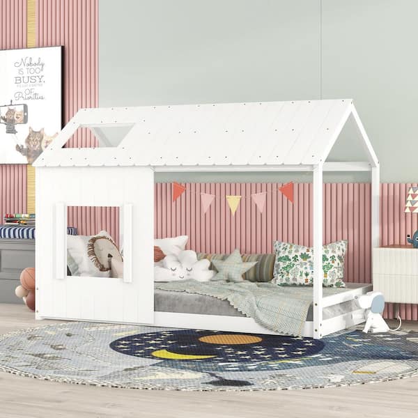 Harper & Bright Designs White Twin Size Wooden House Bed with Roof and Windows