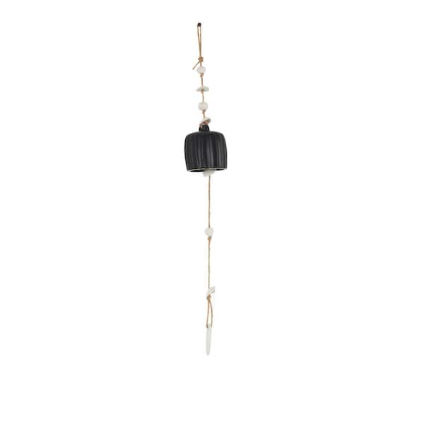 Litton Lane 25 in. Black Ceramic Textured Bell Windchime with Cascading White Disks