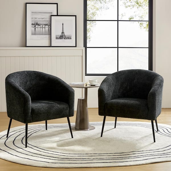 JAYDEN CREATION Gideon Black Modern Boucle Armchair with Metal Legs Set of 2