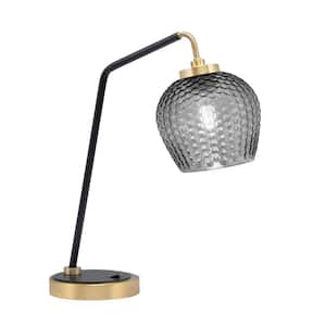 Delgado 16.5 in. Matte Black and New Age Brass Desk Lamp with Smoke Textured Glass
