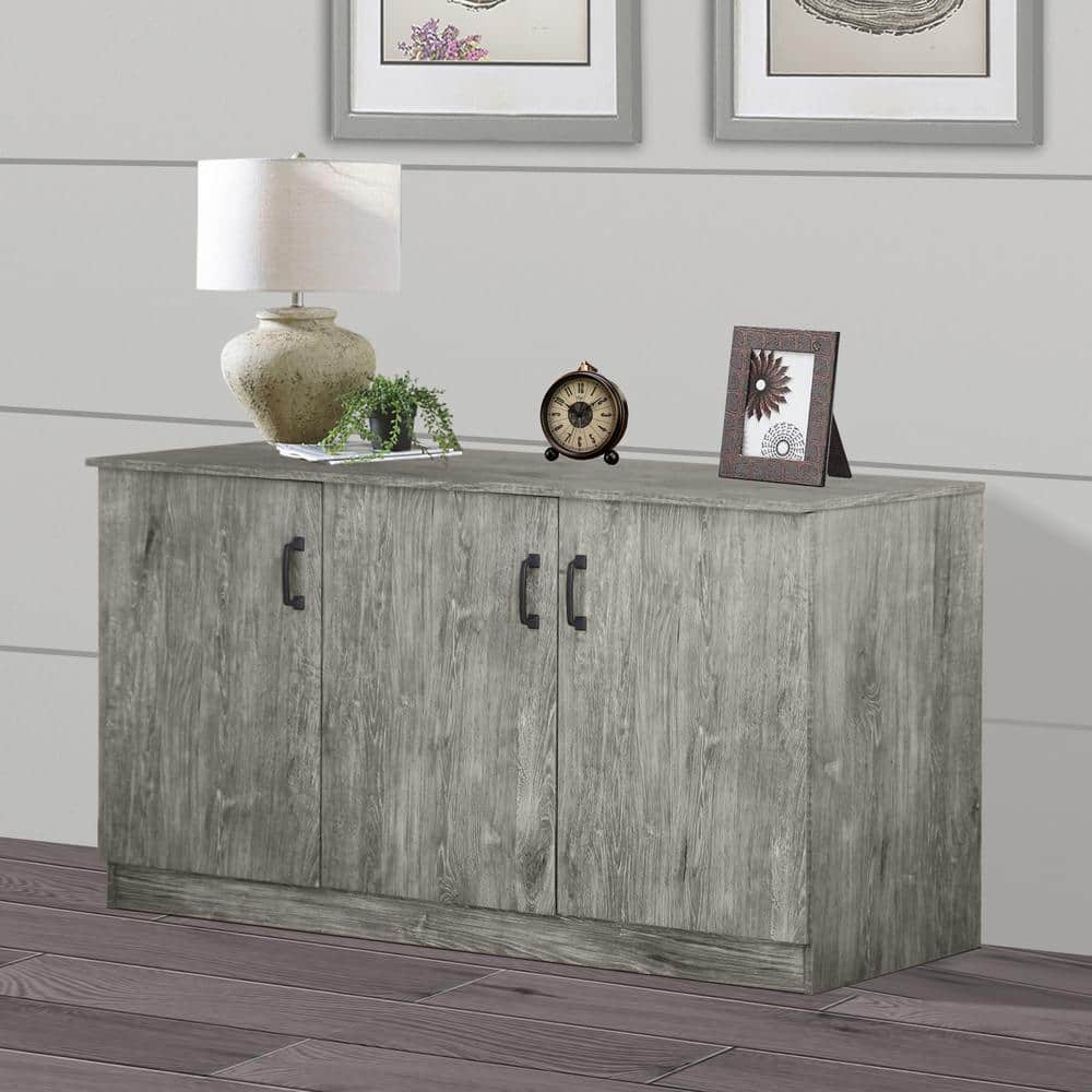 Gray Oak 3-Door Office Credenza with Adjustable Shelving