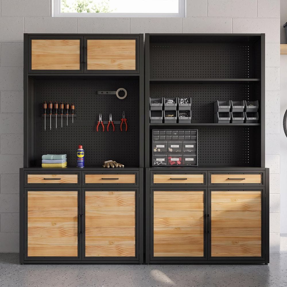 Black and Natural-A Wood 82.7 in. H Accent Cabinet Office Storage Cabinet with 3 Shelves, Pegboards, 4 Drawers, 6 Doors price history on PriceWatchPro
