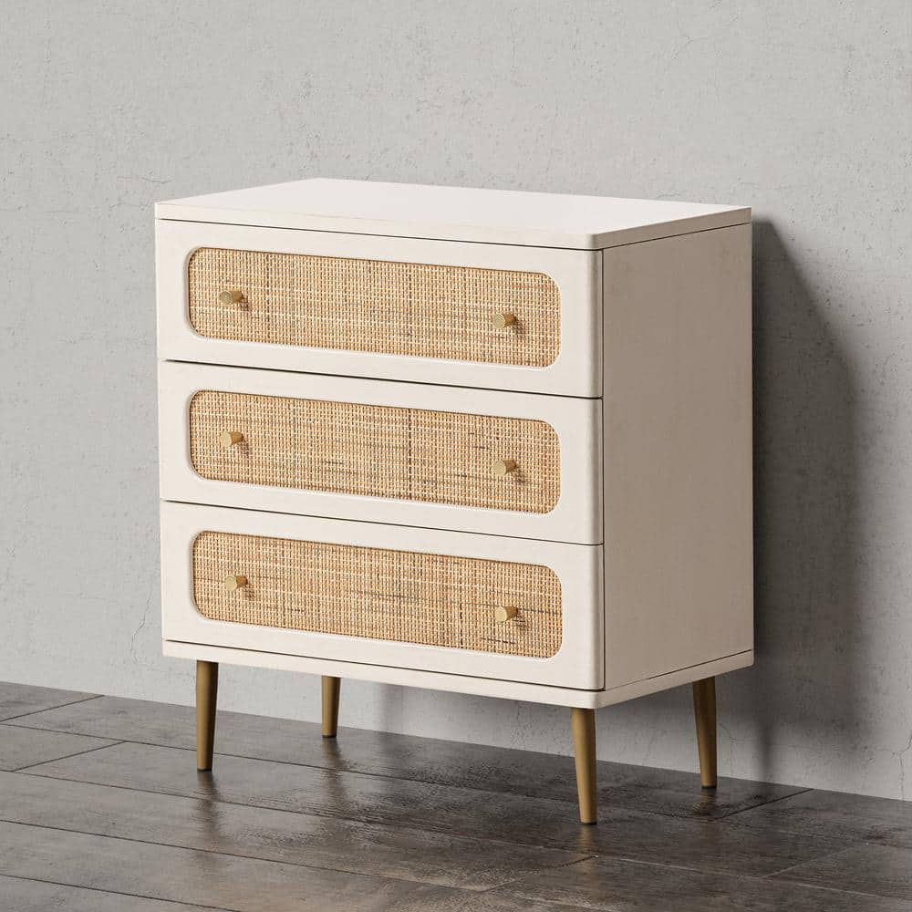 White and Natural Rattan 3-Drawer Mid-Century Modern Chest