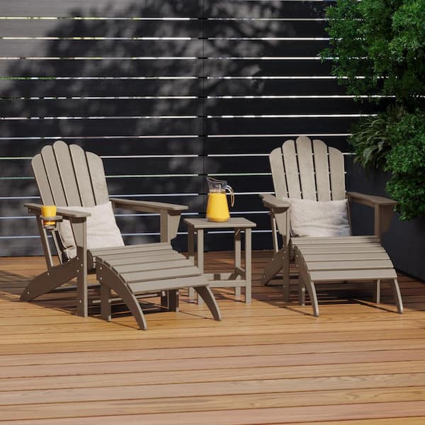 Aderson Weathered Wood 5-PC Outdoor Plastic Adirondack Chairs w/ Cupholders, Side Table, Ottoman Patio Conversation Set