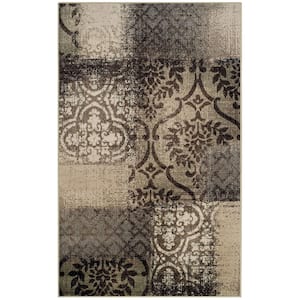Tan and Brown 8 ft. Round Damask Distressed Stain Resistant Area Rug