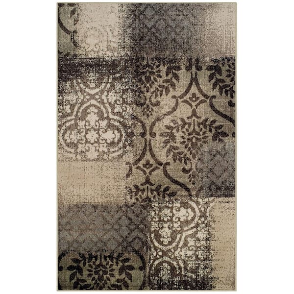 HomeRoots Tan and Brown 8 ft. Round Damask Distressed Stain Resistant Area Rug