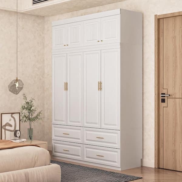 White 8-Door Big Wardrobe Armoires with Hanging Rod, 4-Drawers, Storage Shelves 93.9 in. H x 63 in. W x 20.6 in. D