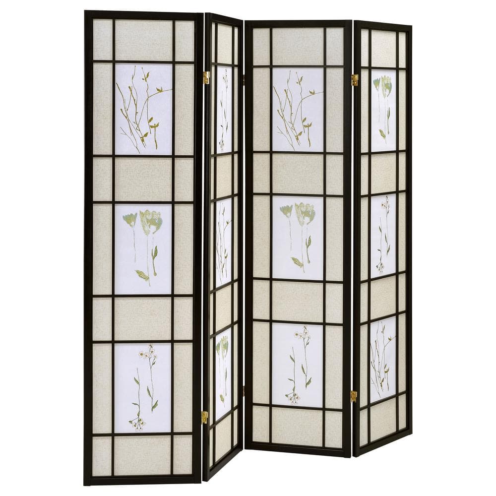 Beige and Black Floral Print 4-Panel Folding Screen