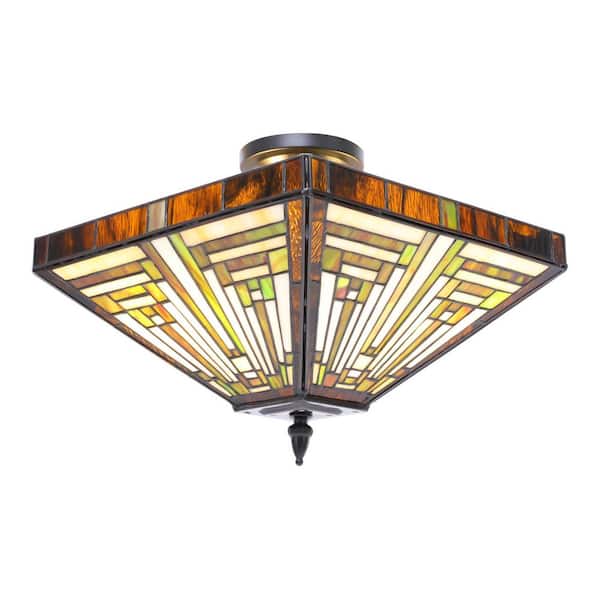 13.78 in. 2-Light Vintage Elegant Multi-Colored Stained Glass Semi-Flush Mount Ceiling Light