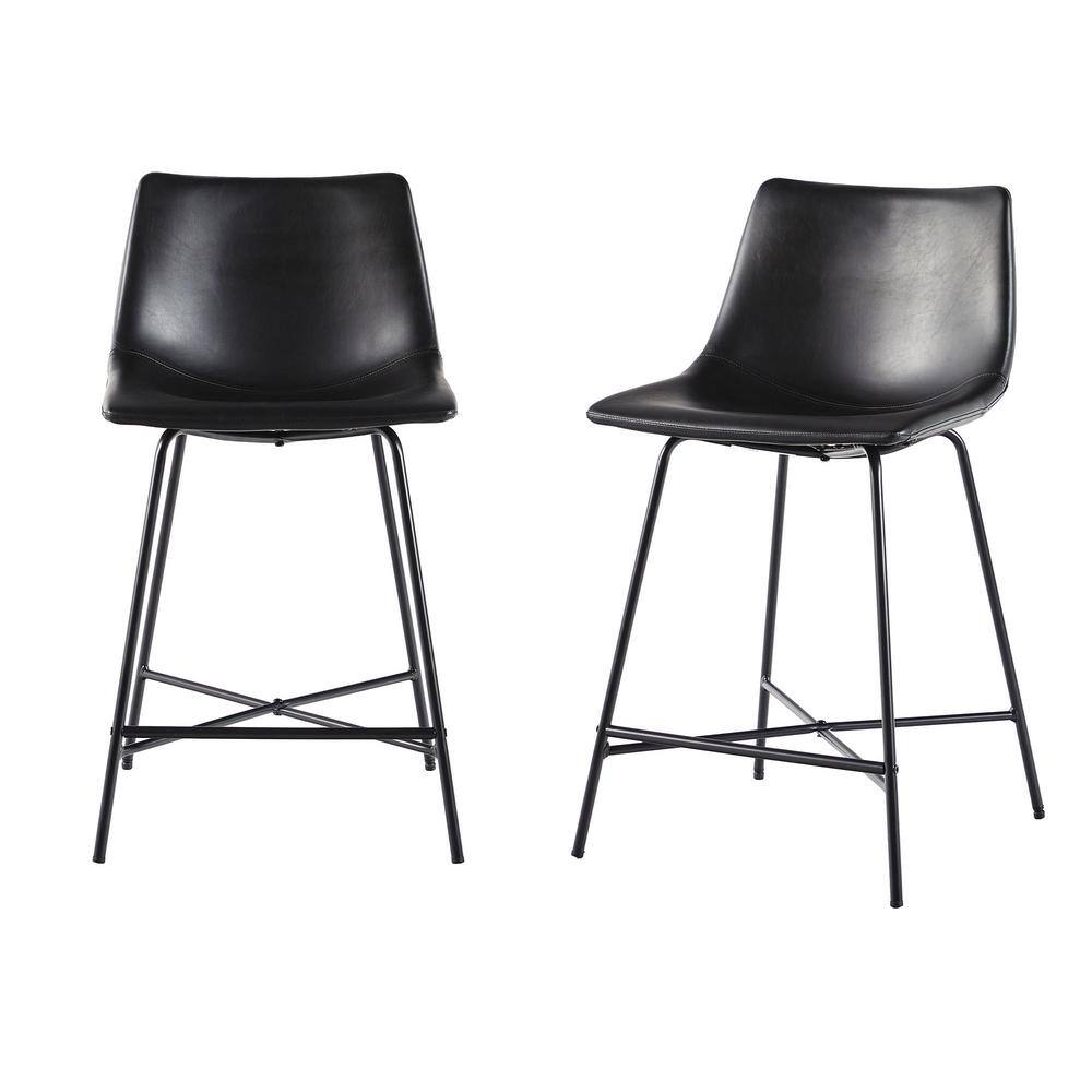24" Black Faux Leather and Metal Counter Stools, Set of 2