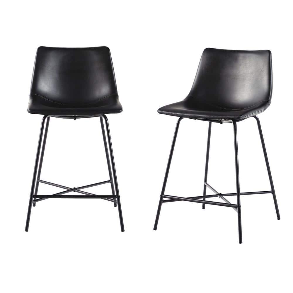 24" Black Faux Leather and Metal Counter Stools, Set of 2