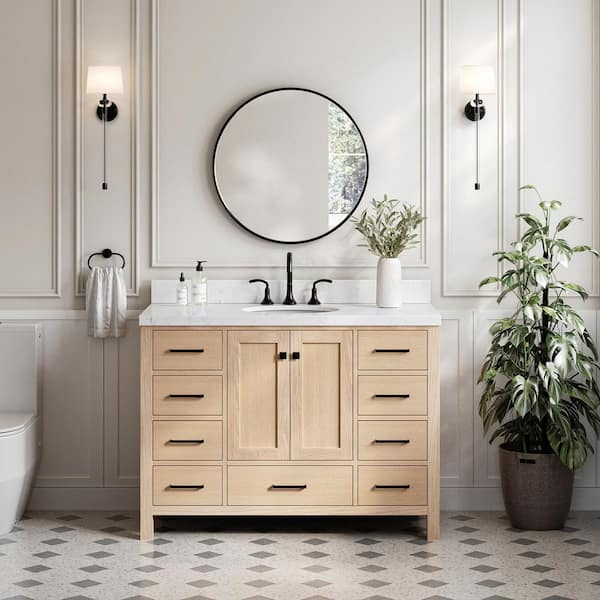 Cambridge 48 in. W x 22 in. D x 36 in. H Single Oval Sink Bath Vanity in Oak with Carrara White Quartz Top