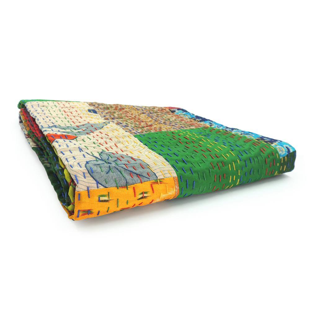 Multicolor Cotton and Silk Patchwork Throw Blanket