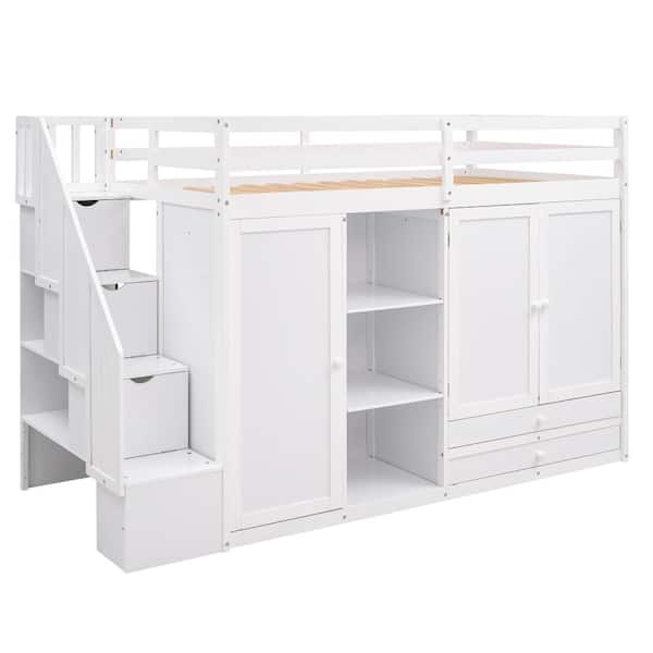 Nestfair White Twin Wood Loft Bed with 3 Shelves,2 Wardrobes and 2 ...