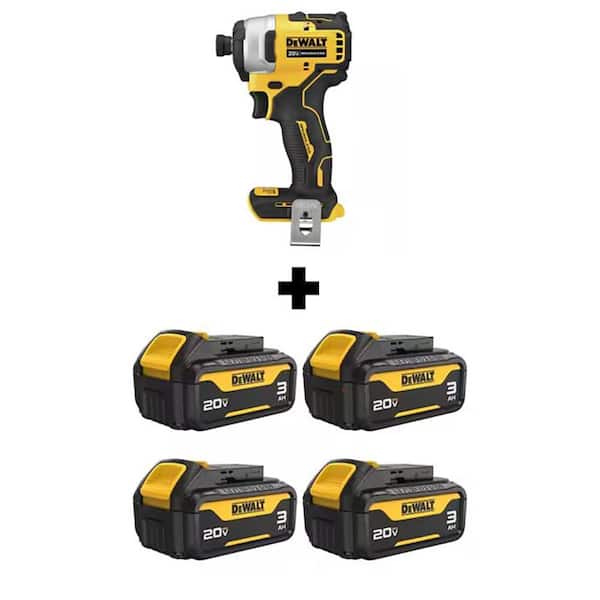 DEWALT ATOMIC 20V MAX Lithium-Ion Cordless Brushless Compact 1/4 in. Impact Driver with (4) 20V 3Ah MAX Premium Battery Packs