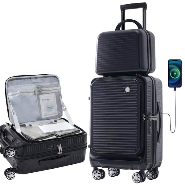 Merax 2-Piece Black ABS Hardshell Spinner 20 in. Luggage Set with Portable Carrying Case, TSA Lock, Front Pocket, USB Port