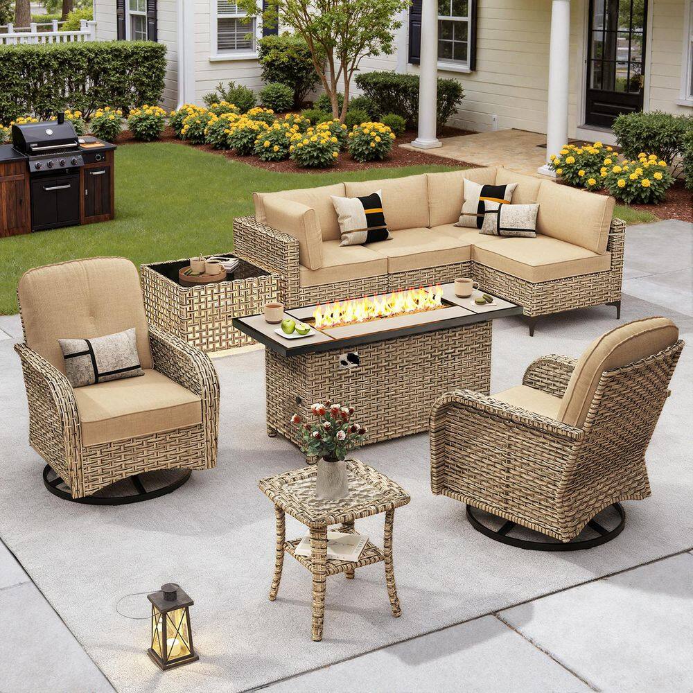 Solvoc 9-Piece Wicker Outdoor Patio Conversation Set with 54 in. Fire Pit Table, Beige Cushions and Swivel Chairs price history on PriceWatchPro