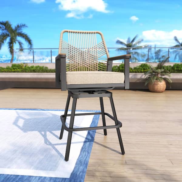 Swivel Metal Patio Woven Rope Outdoor Bar Stools, Bar Height Chairs with Armrests and Beige Cushions (2-pack)
