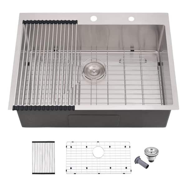 PROOX Brushed Nickel Stainless Steel 30 in. Single Bowl Drop-In Kitchen Sink with Accessories