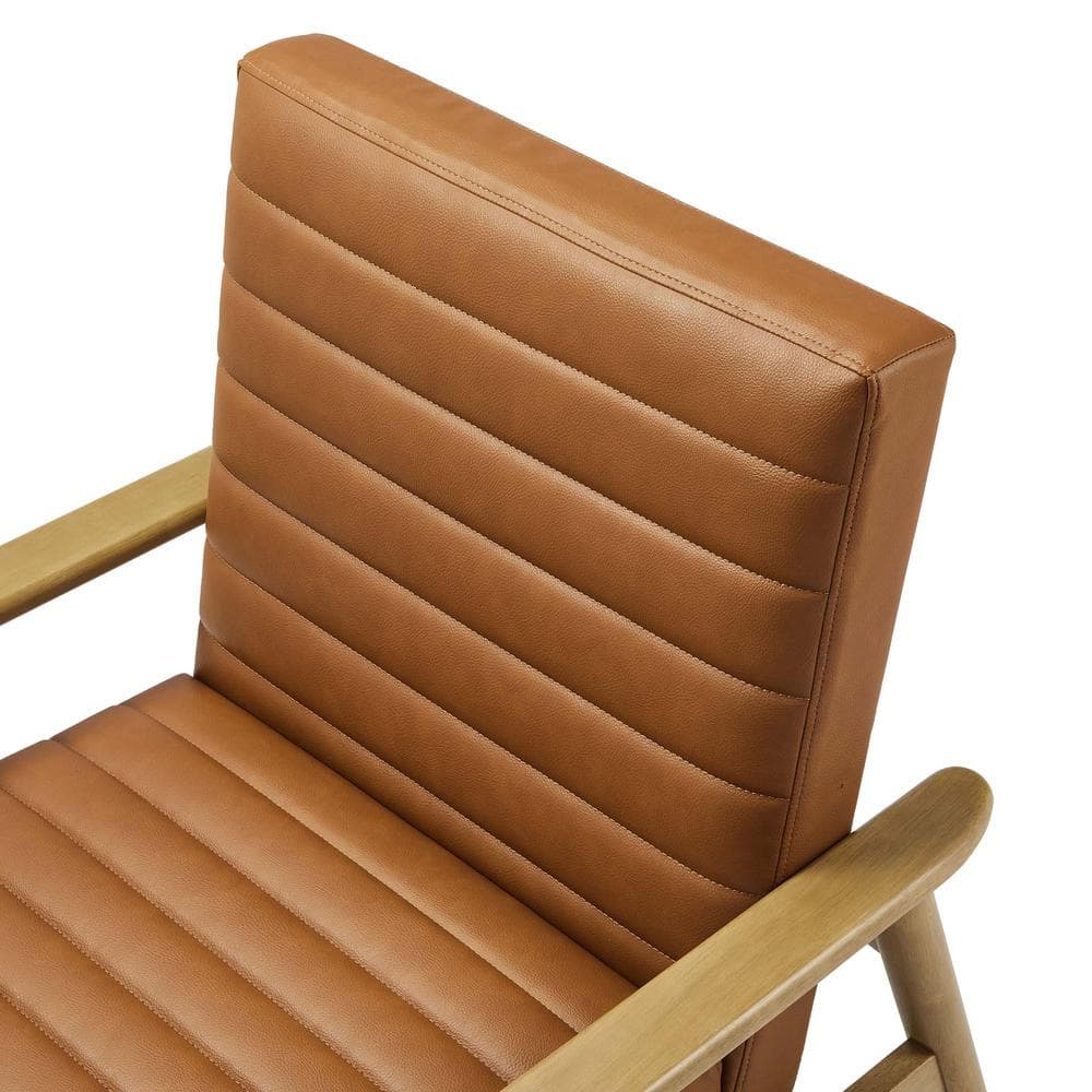 French Oak Tan Faux Leather Barrel Accent Chair with Wood Frame