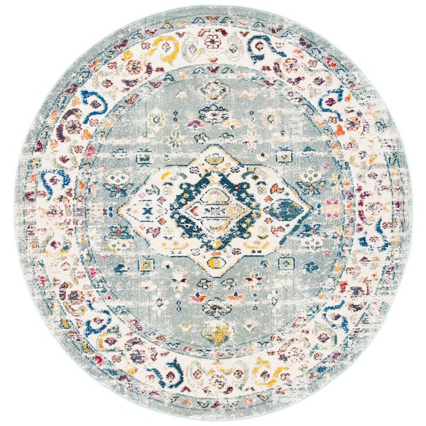 SAFAVIEH Madison Grey/Ivory 7 ft. x 7 ft. Geometric Border Floral Medallion Round Area Rug