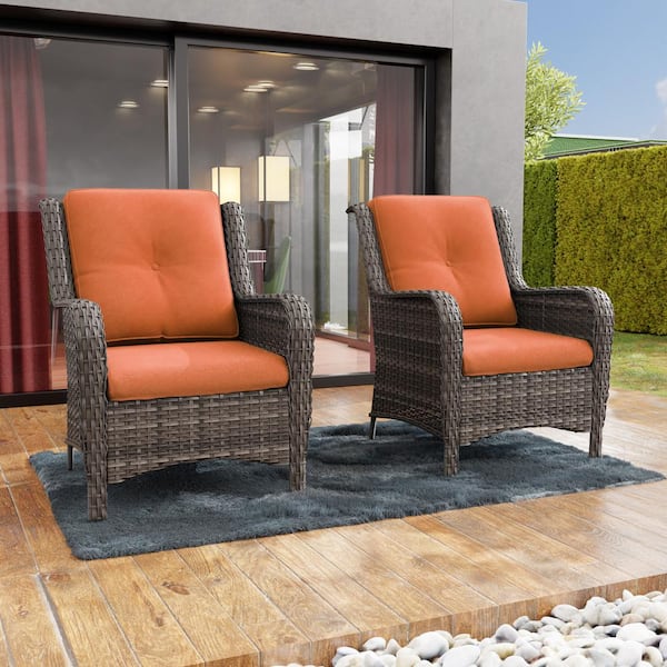 Gardenbee Ergonomic Arm 2-Piece Patio Wicker Outdoor Lounge Chair with Thick Orange Cushions